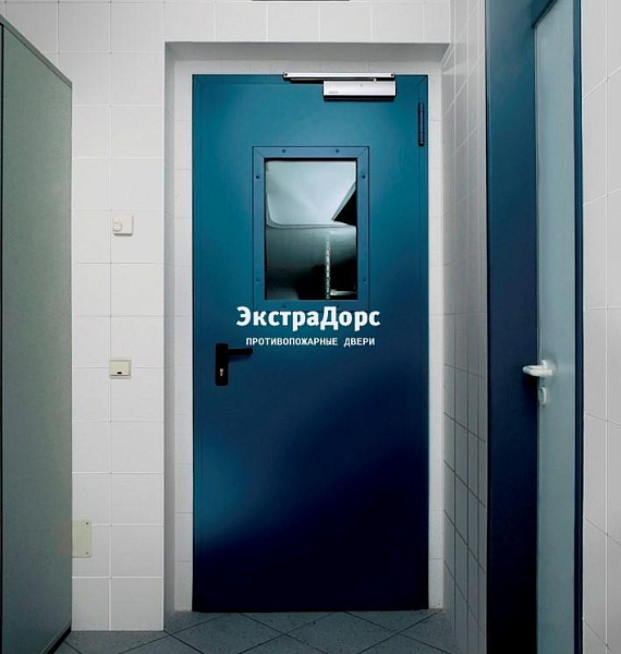 Противопожарная дверь 1 типа синяя c выпадающим порогом с остеклением в Егорьевске  купить